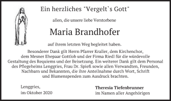 Traueranzeige von Maria Brandhofer von merkurtz