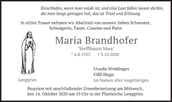 Traueranzeige von Maria Brandhofer von merkurtz