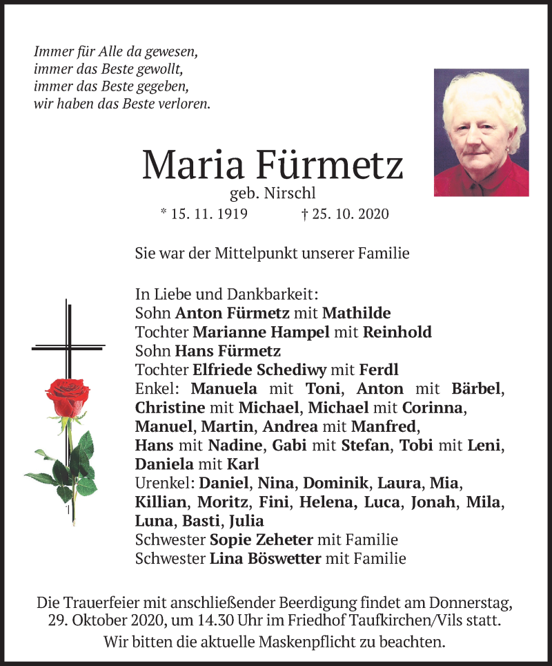  Traueranzeige für Maria Fürmetz vom 28.10.2020 aus merkurtz