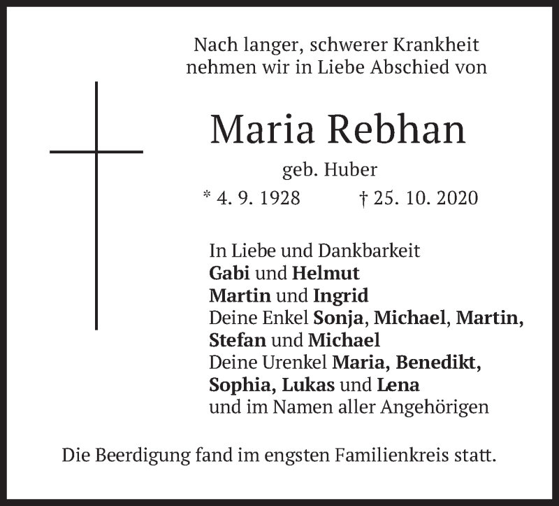  Traueranzeige für Maria Rebhan vom 31.10.2020 aus merkurtz