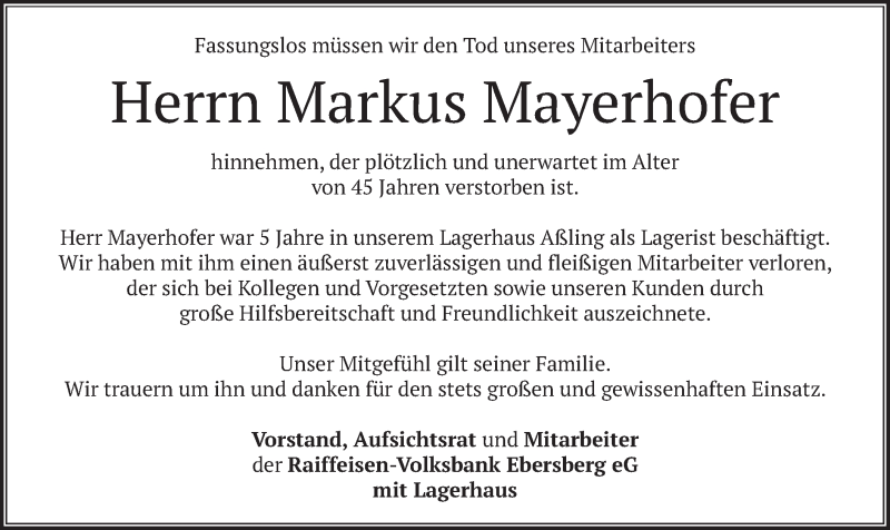  Traueranzeige für Markus Mayerhofer vom 08.10.2020 aus merkurtz