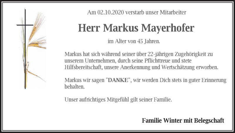  Traueranzeige für Markus Mayerhofer vom 08.10.2020 aus merkurtz