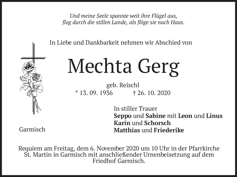  Traueranzeige für Mechta Gerg vom 31.10.2020 aus merkurtz