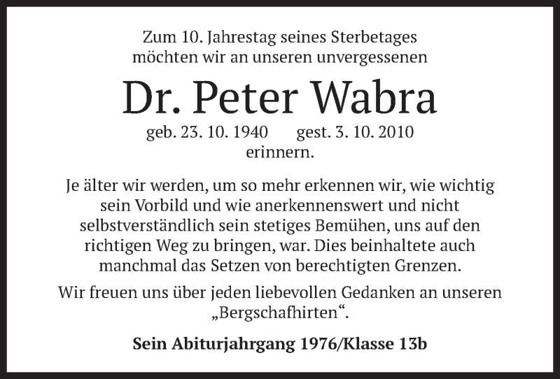  Traueranzeige für Peter Wabra vom 02.10.2020 aus merkurtz