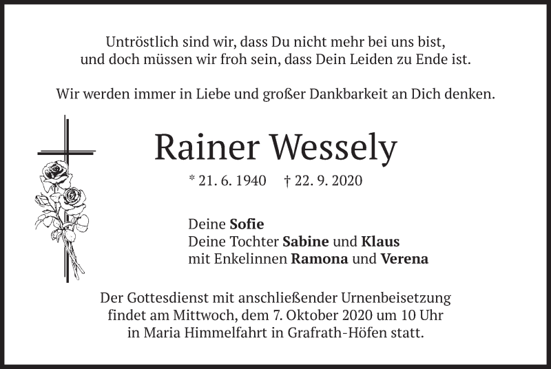  Traueranzeige für Rainer Wessely vom 02.10.2020 aus merkurtz
