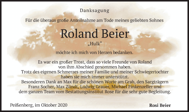  Traueranzeige für Roland  Beier vom 10.10.2020 aus merkurtz