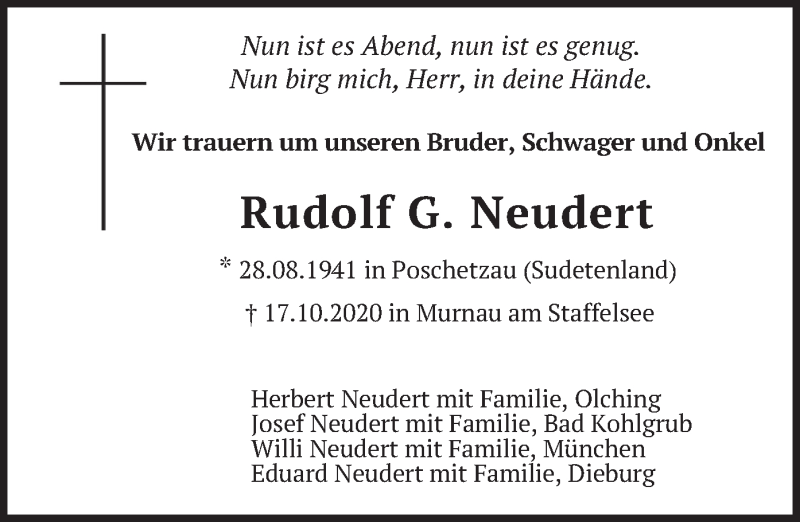  Traueranzeige für Rudolf G. Neudert vom 22.10.2020 aus merkurtz