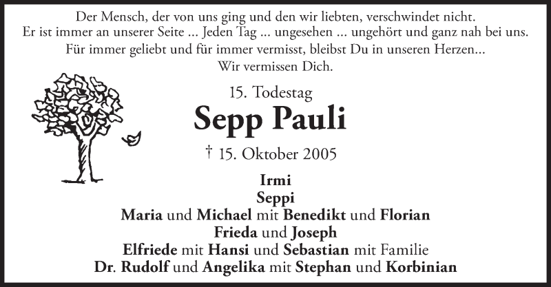  Traueranzeige für Sepp Pauli vom 15.10.2020 aus merkurtz