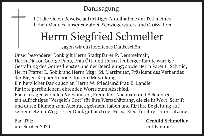  Traueranzeige für Siegfried Schmeller vom 10.10.2020 aus merkurtz