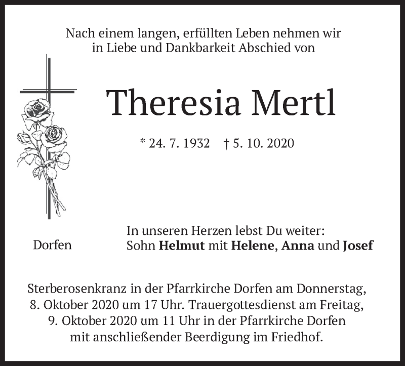  Traueranzeige für Theresia Mertl vom 07.10.2020 aus merkurtz