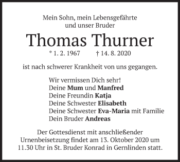 Traueranzeige von Thomas Thurner von merkurtz