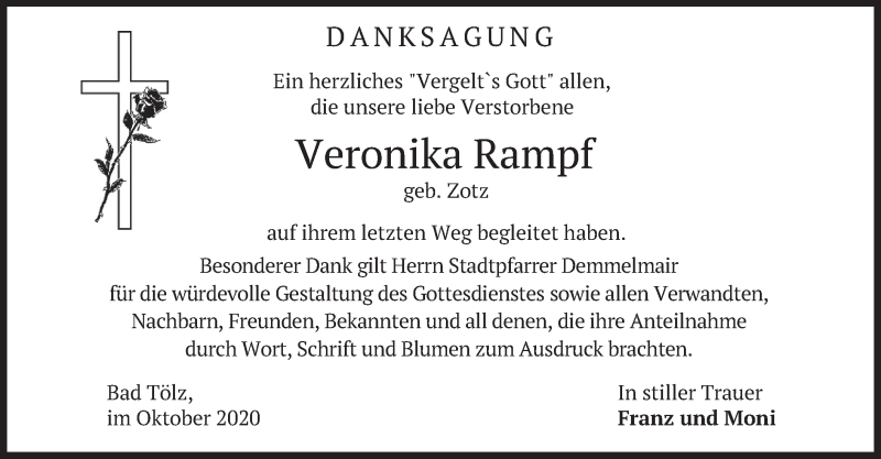  Traueranzeige für Veronika Rampf vom 24.10.2020 aus merkurtz