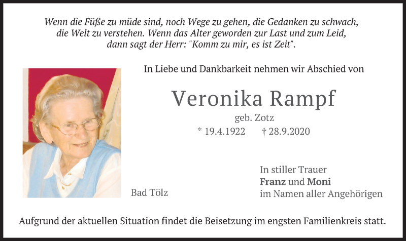  Traueranzeige für Veronika Rampf vom 02.10.2020 aus merkurtz