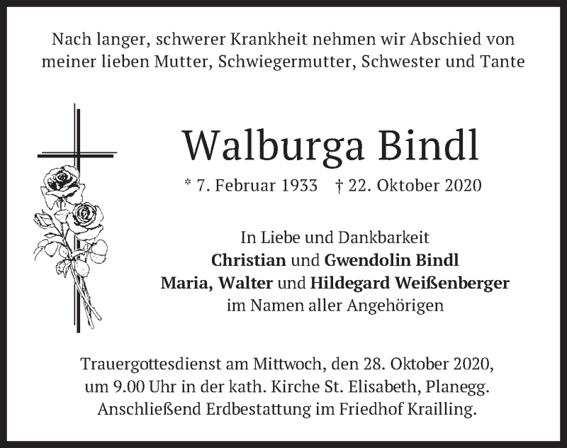  Traueranzeige für Walburga Bindl vom 24.10.2020 aus merkurtz