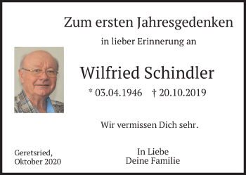 Traueranzeige von Wilfried Schindler von merkurtz