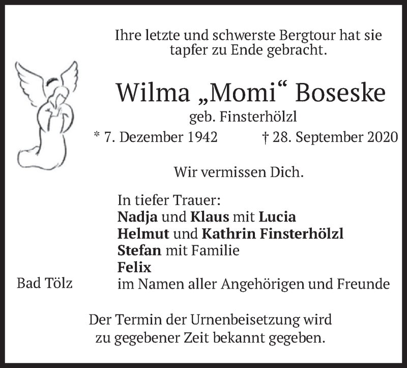  Traueranzeige für Wilma Boseske vom 05.10.2020 aus merkurtz
