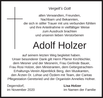 Traueranzeige von Adolf Holzer von merkurtz