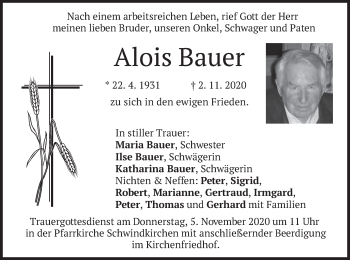 Traueranzeige von Alois Bauer von merkurtz