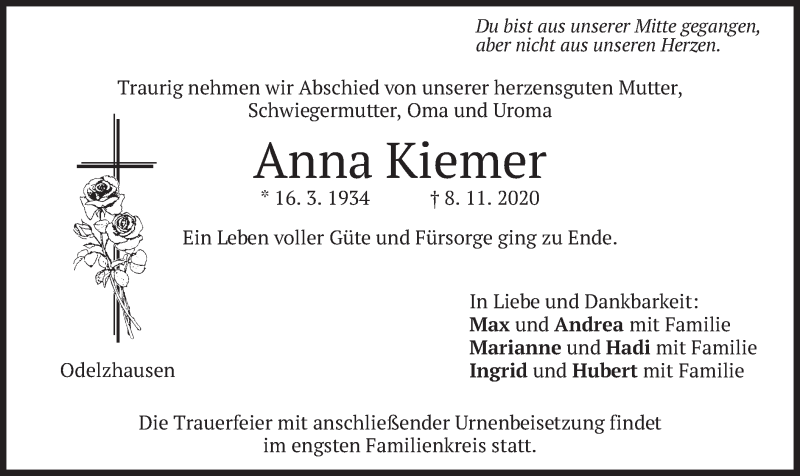  Traueranzeige für Anna Kiemer vom 11.11.2020 aus merkurtz