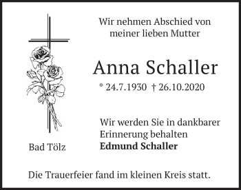 Traueranzeige von Anna Schaller von merkurtz