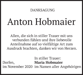 Traueranzeige von Anton Hobmaier von merkurtz