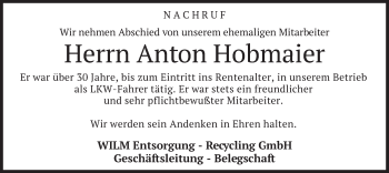 Traueranzeige von Anton Hobmaier von merkurtz