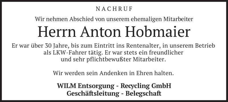 Traueranzeige für Anton Hobmaier vom 07.11.2020 aus merkurtz