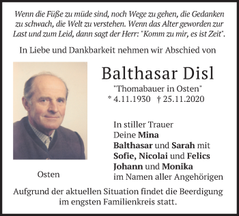 Traueranzeige von Balthasar Disl von merkurtz