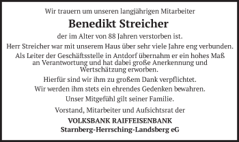 Traueranzeige von Benedikt Streicher von merkurtz