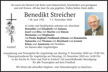 Traueranzeige von Benedikt Streicher von merkurtz