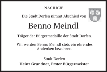 Traueranzeige von Benno Meindl von merkurtz