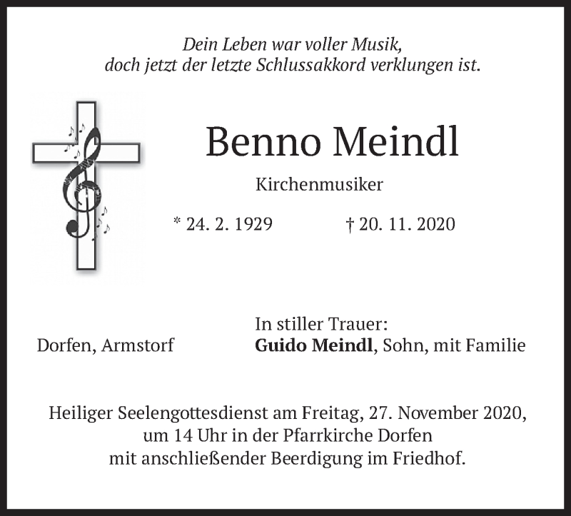  Traueranzeige für Benno Meindl vom 24.11.2020 aus merkurtz