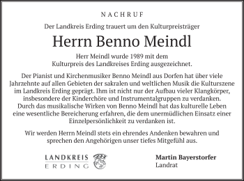 Traueranzeige von Benno Meindl von merkurtz