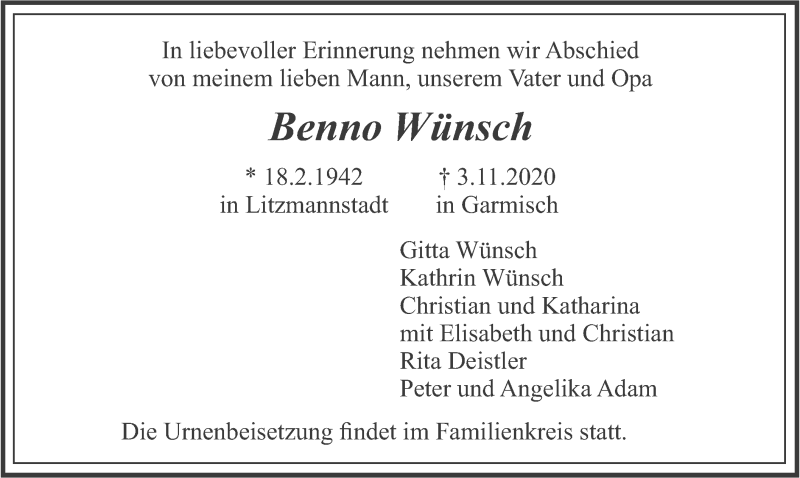 Traueranzeige für Benno Wünsch vom 07.11.2020 aus merkurtz