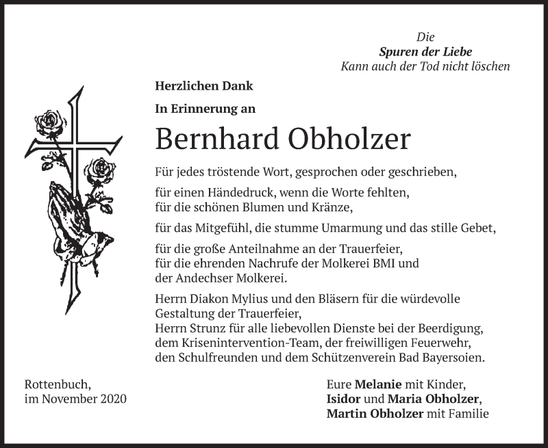  Traueranzeige für Bernhard Obholzer vom 09.11.2020 aus merkurtz