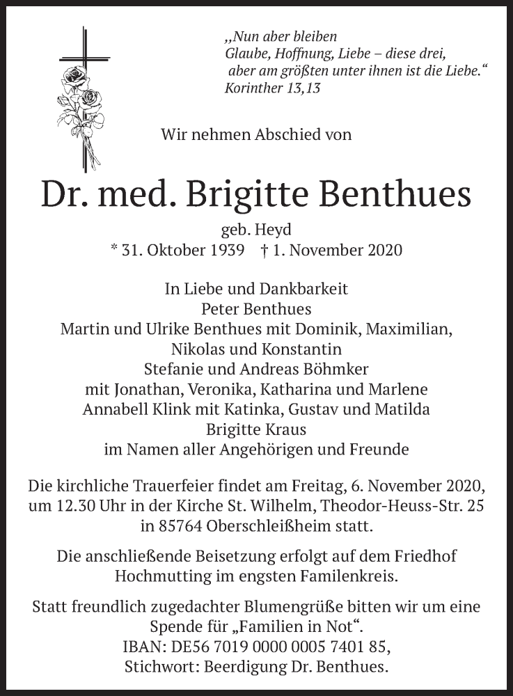  Traueranzeige für Brigitte Benthues vom 05.11.2020 aus merkurtz