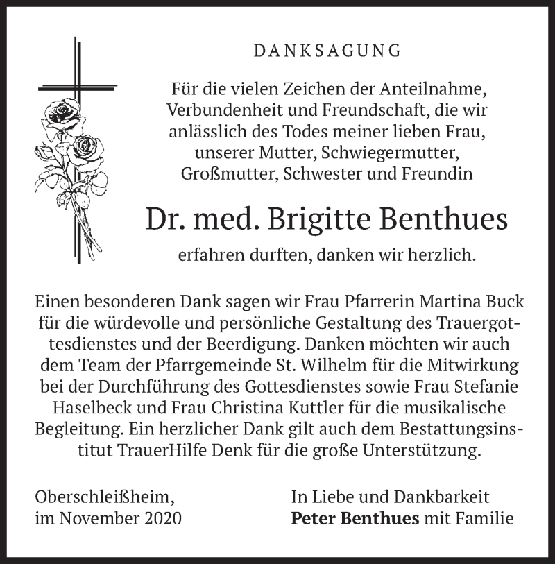  Traueranzeige für Brigitte Benthues vom 21.11.2020 aus merkurtz