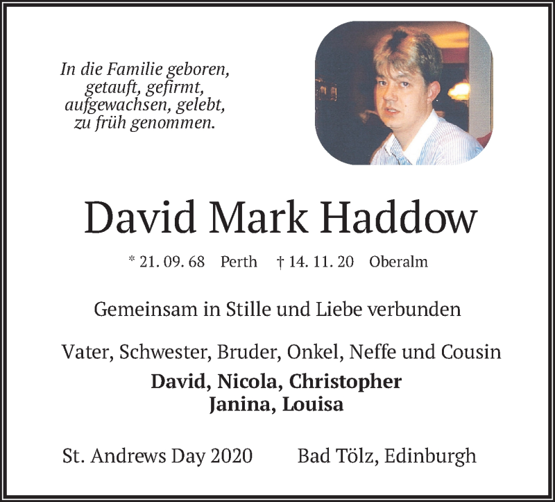  Traueranzeige für David Mark Haddow vom 30.11.2020 aus merkurtz