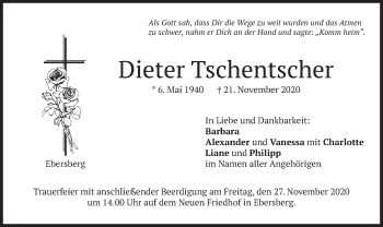 Traueranzeige von Dieter Tschentscher von merkurtz