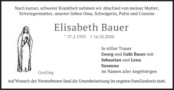 Traueranzeige von Elisabeth Bauer von merkurtz