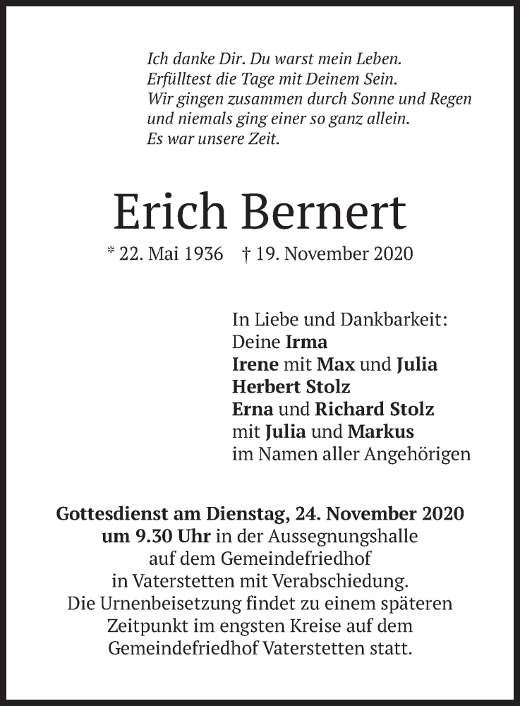  Traueranzeige für Erich Bernert vom 21.11.2020 aus merkurtz