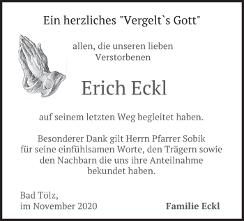 Traueranzeige von Erich Eckl von merkurtz