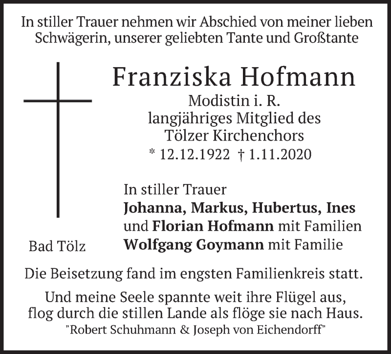  Traueranzeige für Franziska Hofmann vom 28.11.2020 aus merkurtz