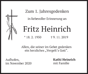 Traueranzeige von Fritz Heinrich von merkurtz