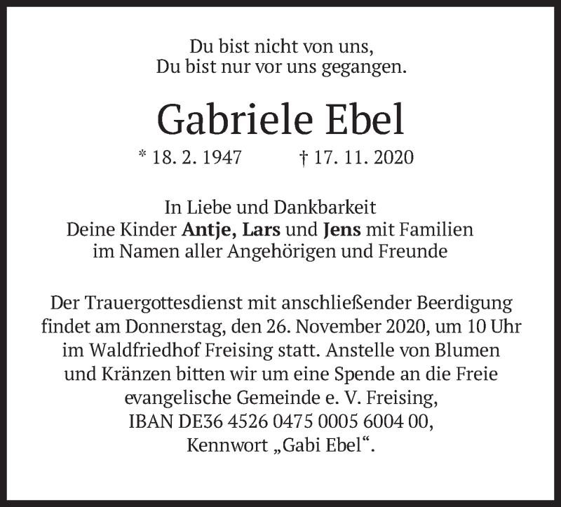  Traueranzeige für Gabriele Ebel vom 21.11.2020 aus merkurtz