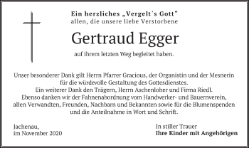 Traueranzeige von Gertraud Egger von merkurtz