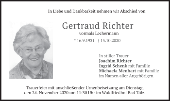 Traueranzeige von Gertraud Richter von merkurtz