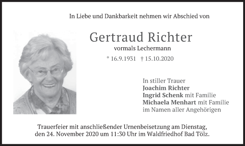  Traueranzeige für Gertraud Richter vom 21.11.2020 aus merkurtz