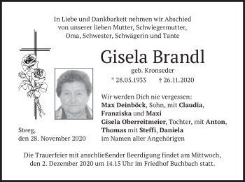 Traueranzeige von Gisela Brandl von merkurtz