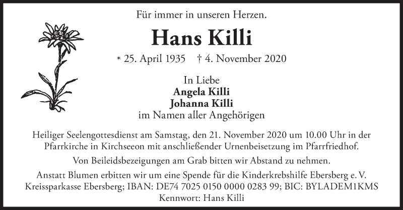  Traueranzeige für Hans Killi vom 14.11.2020 aus merkurtz